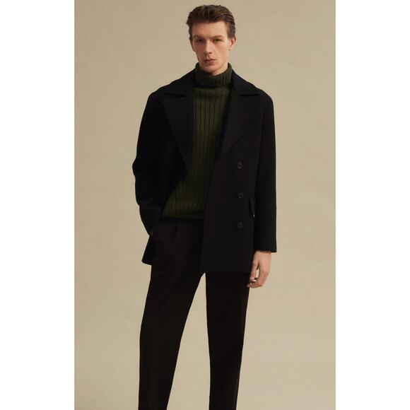 Mango MNG Man Recycled Wool Double Breasted Coat Size XL Black New Jacket - Picture 1 of 11